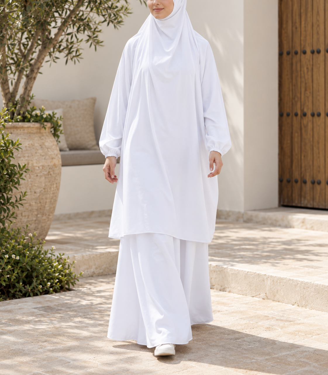 Jilbab avec capuche et jupe longue - Blanc