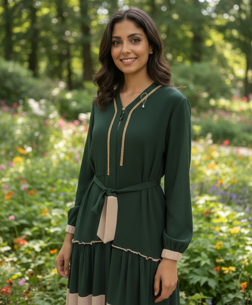 Robe Longue à Détails Contrastants - Vert, L