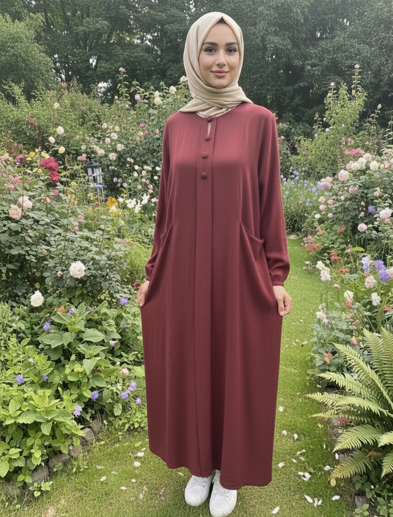 Long Button-Up Dress with Round Neckline
