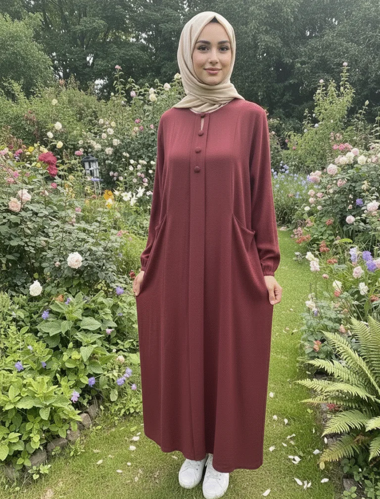 Robe Longue Boutonnée à Col Rond