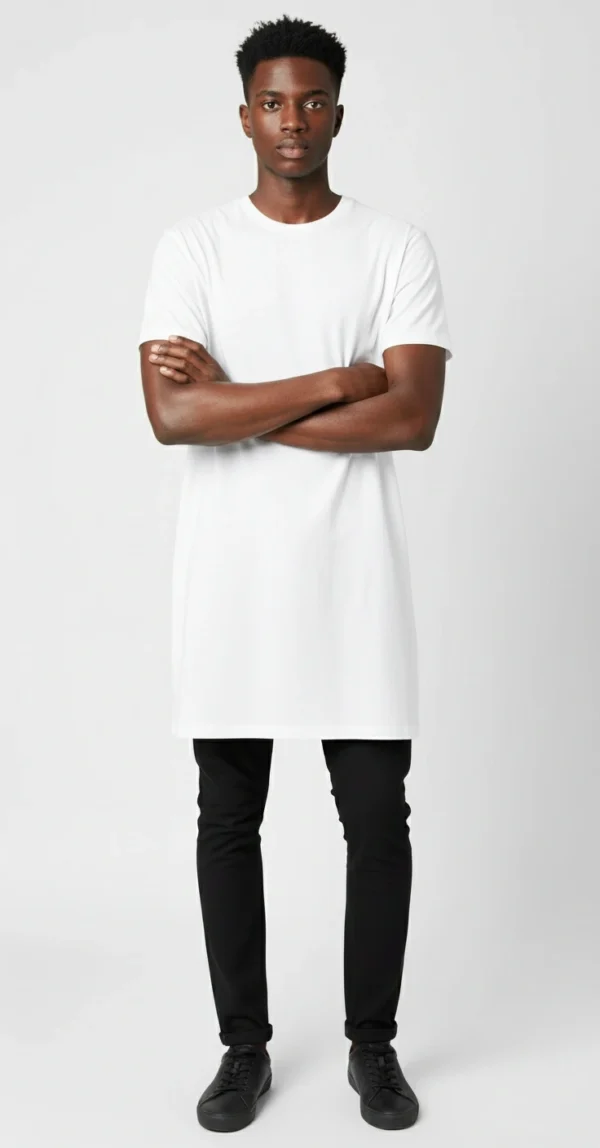 T-shirt long homme blanc, col rond, vendu sur Anaaz