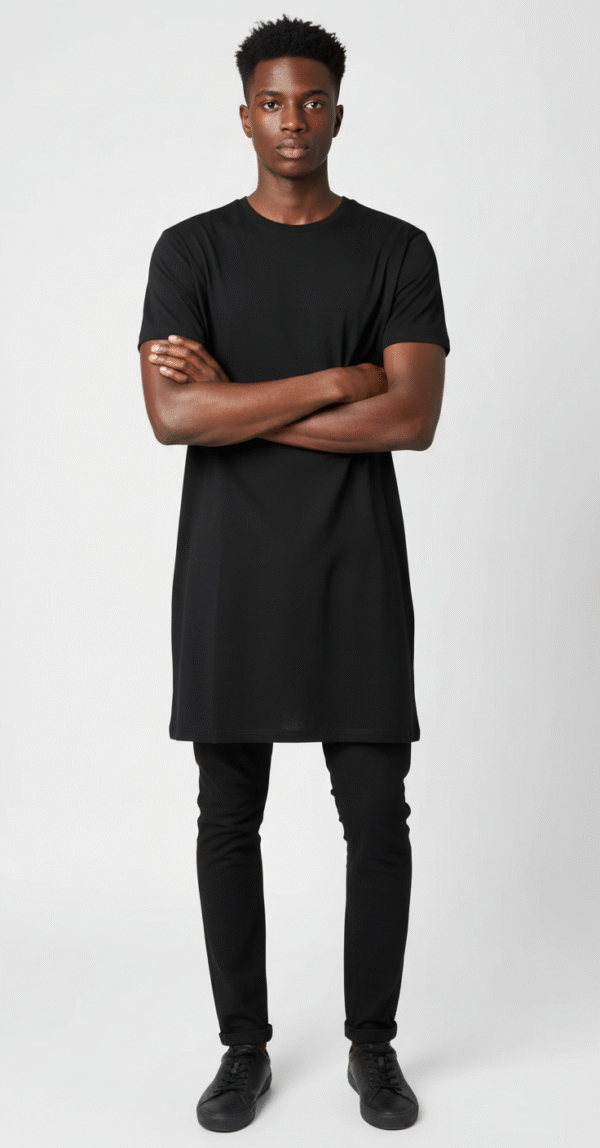 T-shirt long homme – Col rond, manches courtes, coton