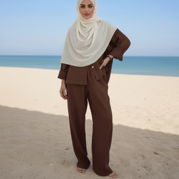 Ensemble 2 pièces femme en coton et lin – Style chic décontracté - Marron, S