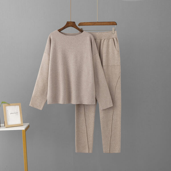 Ensemble tricoté femme en fibre de viscose – Pull ample à manches longues et pantalon droit - Taupe