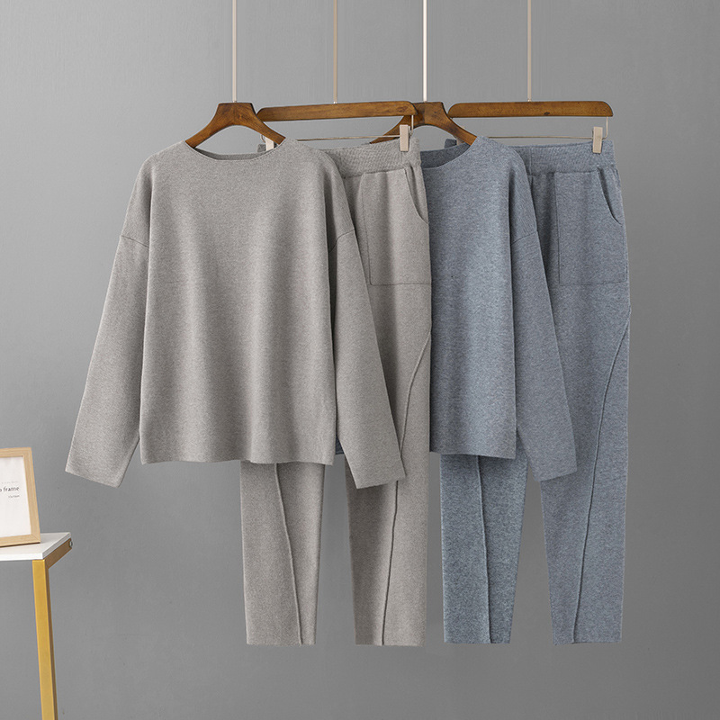 Ensemble tricoté femme en fibre de viscose – Pull ample à manches longues et pantalon droit
