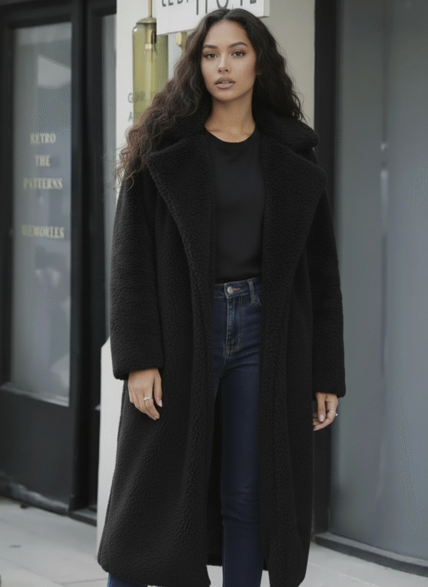 Manteau long femme en fausse fourrure - Noir, XL