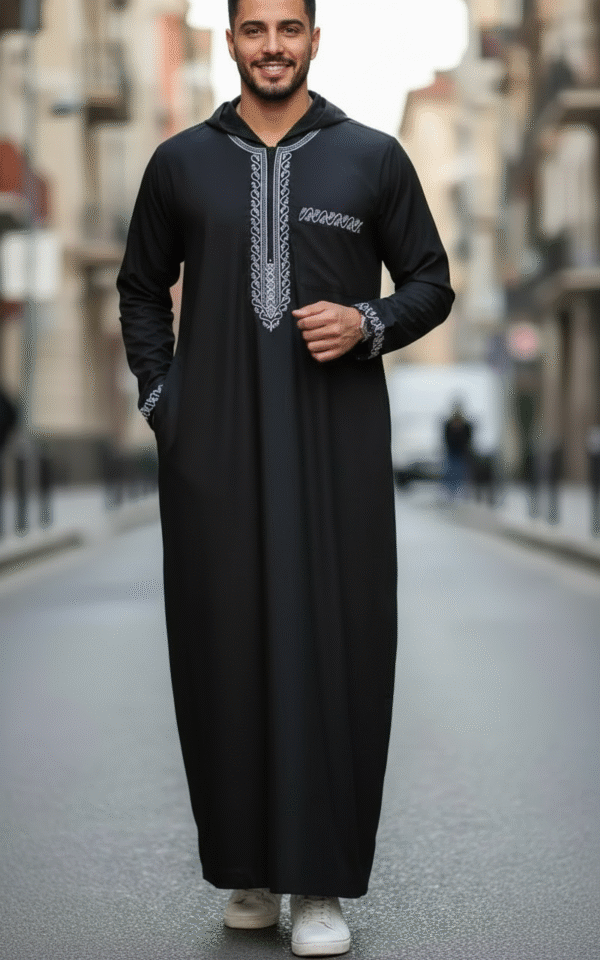 Qamis homme avec broderie et capuche - Noir, S