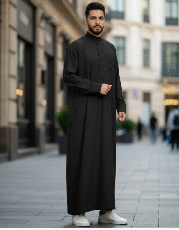 Qamis homme col droit – Tissu léger décontracté - Noir, XL