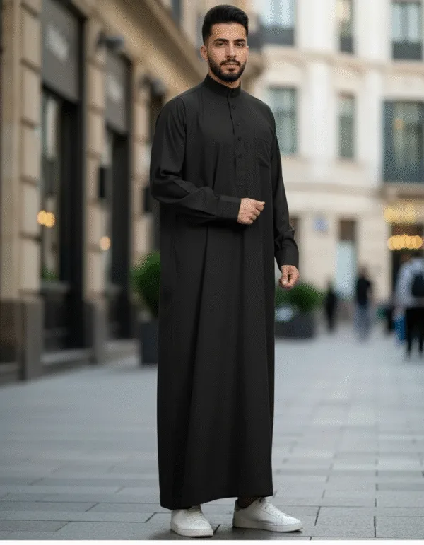 Qamis homme col droit – Tissu léger décontracté - Noir, XL