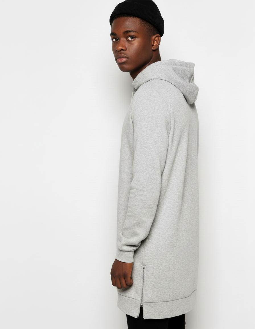 Sweat long à capuche homme – coton épais, coupe oversize avec zip latéral