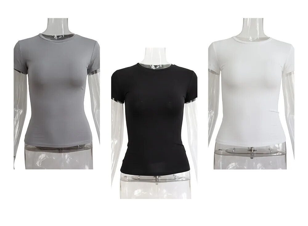 T-shirt court ajusté pour femme – Col rond, manches courtes