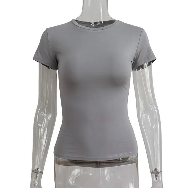 T-shirt court ajusté pour femme – Col rond, manches courtes - Gris, XXL