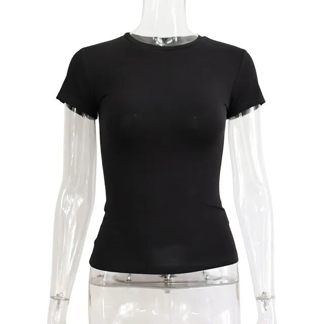 T-shirt court ajusté pour femme – Col rond, manches courtes - Noir, XXL
