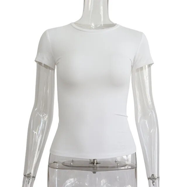 T-shirt court ajusté pour femme – Col rond, manches courtes - White, XXL