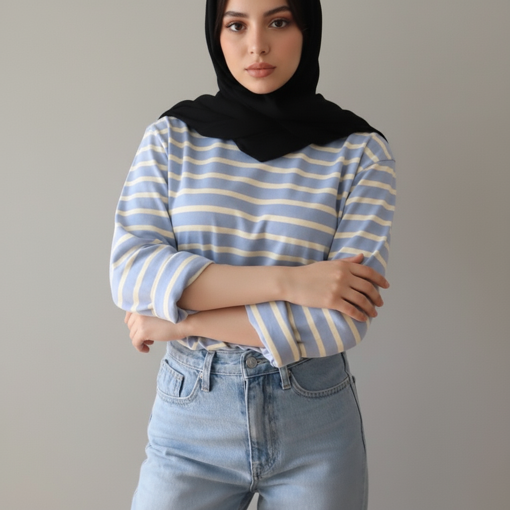 T-shirt rayé à manches longues pour femme - Bleu, XXL