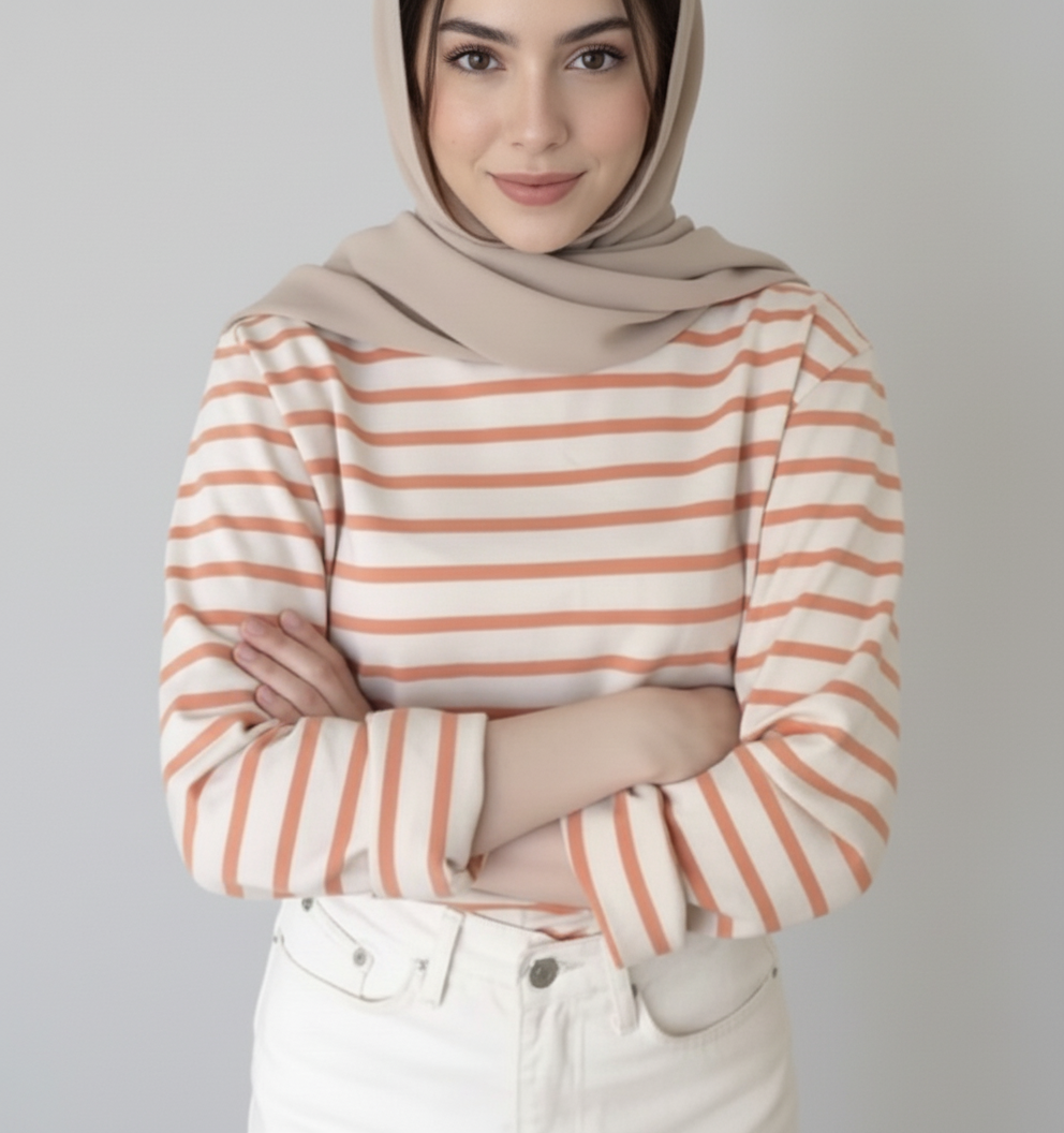 T-shirt rayé à manches longues pour femme - Orange, XXL