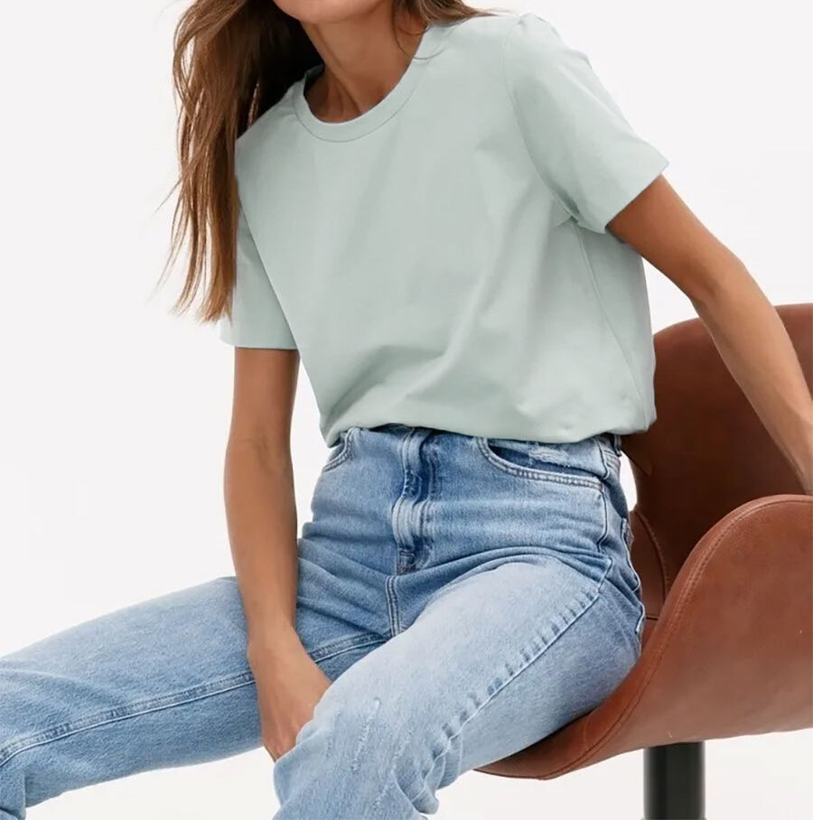 T-shirt uni en coton pour femme – Manches courtes, coupe décontractée - Bleu clair, XL