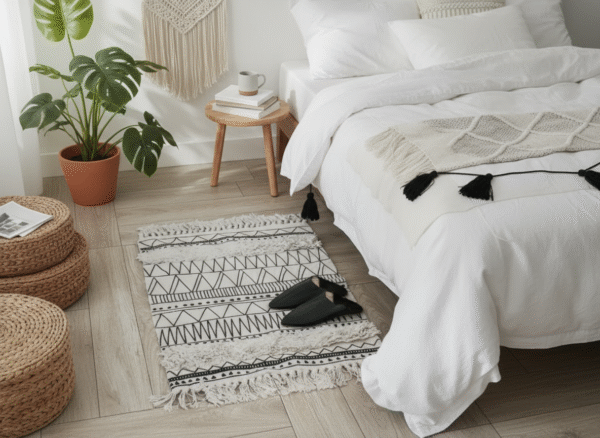 Tapis Bohème Géométrique à Franges – Coton & Lin