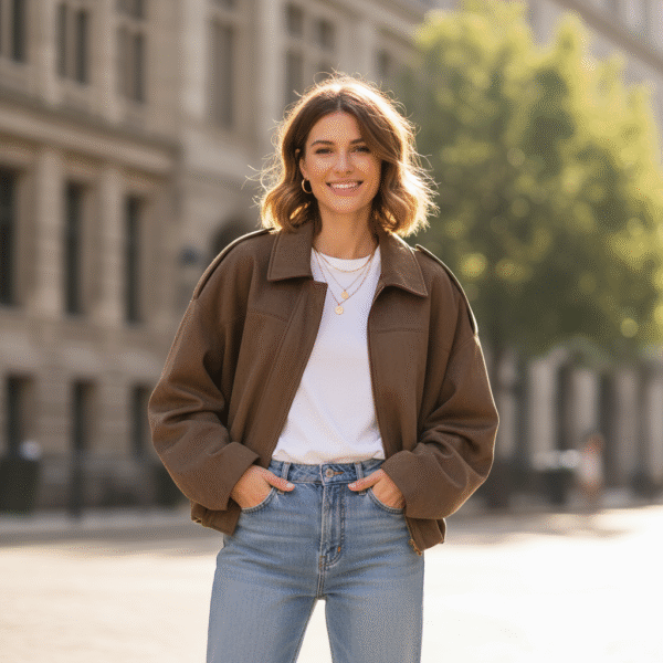 Veste courte femme effet daim – style streetwear chic
