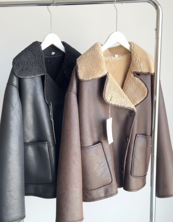 Veste en similicuir marron à col fourrure – Coupe oversize