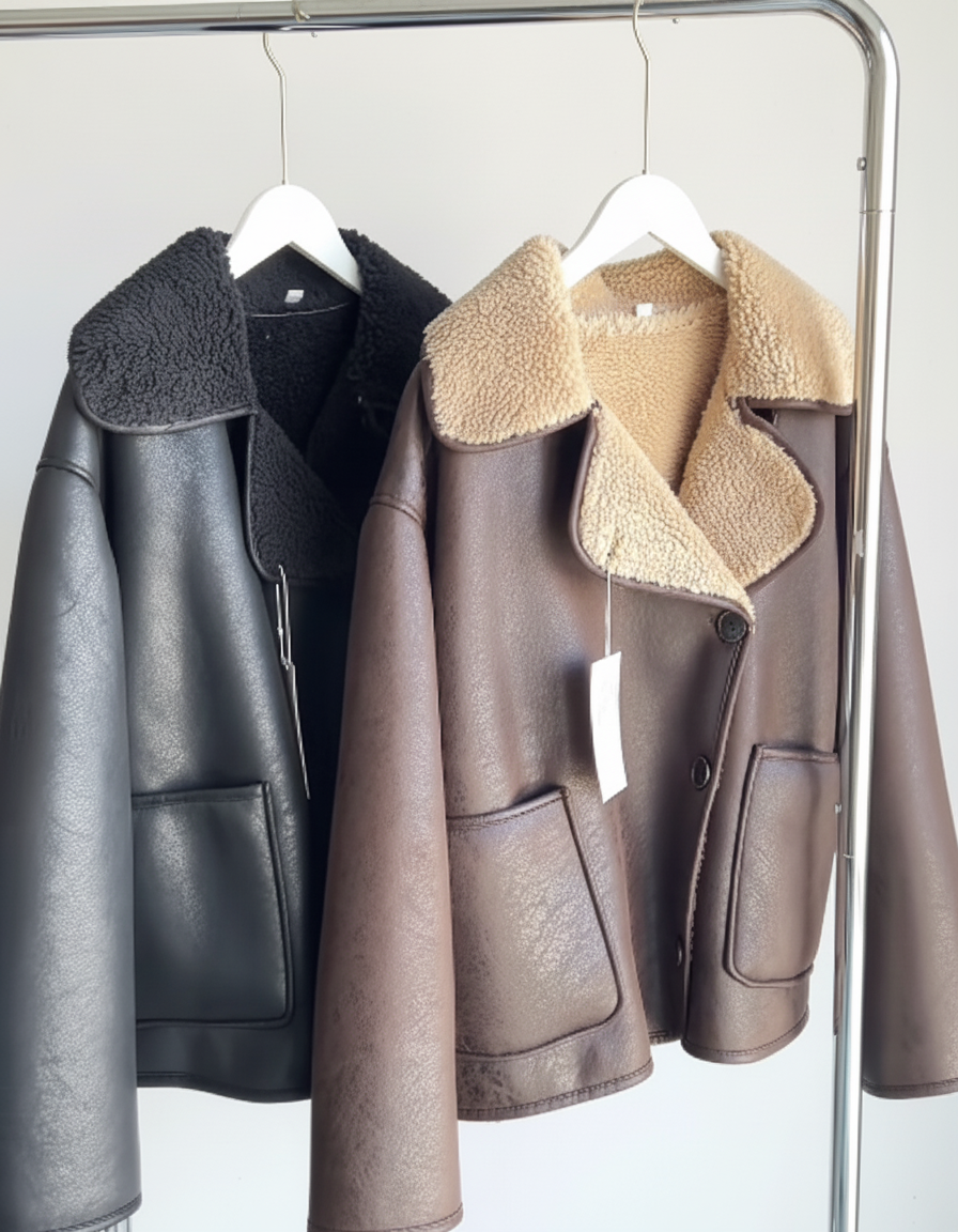 Veste en similicuir marron à col fourrure – Coupe oversize