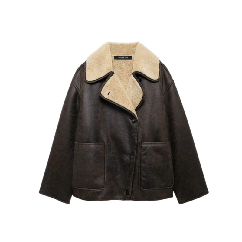 Veste en similicuir marron à col fourrure – Coupe oversize