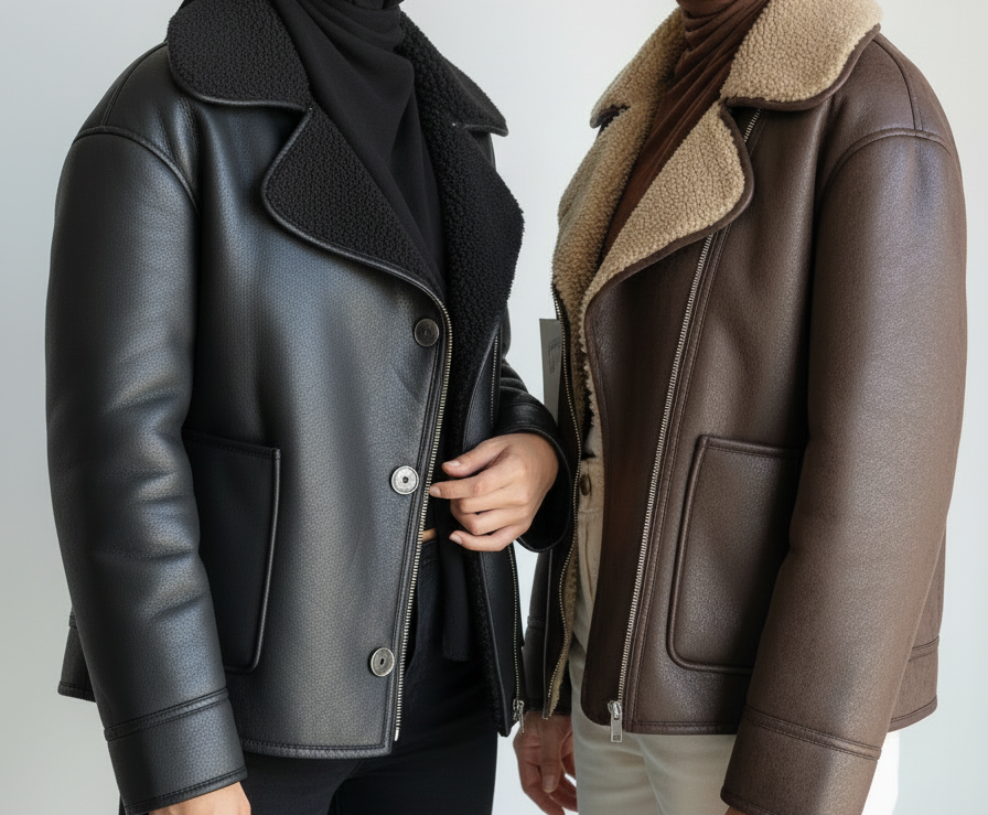 Veste en similicuir marron à col fourrure – Coupe oversize