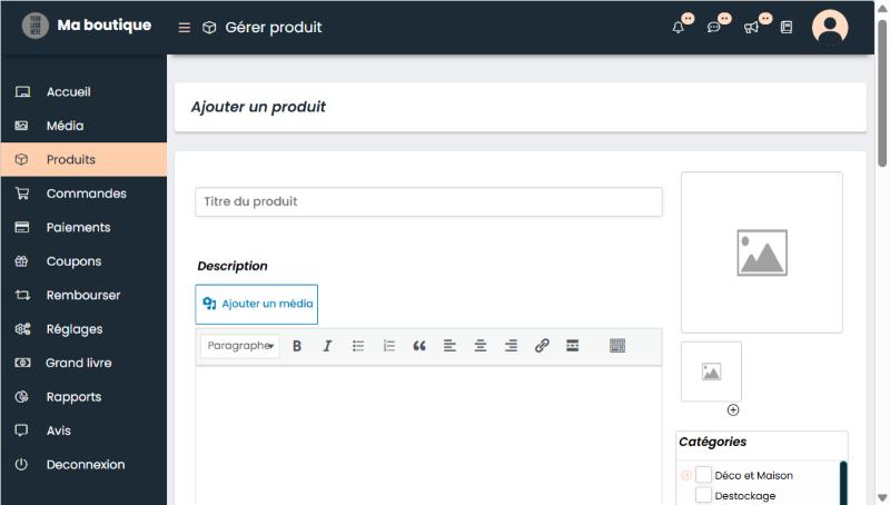 Formulaire d’ajout d’un produit dans l’espace vendeur Anaaz : titre, description, photos et catégories