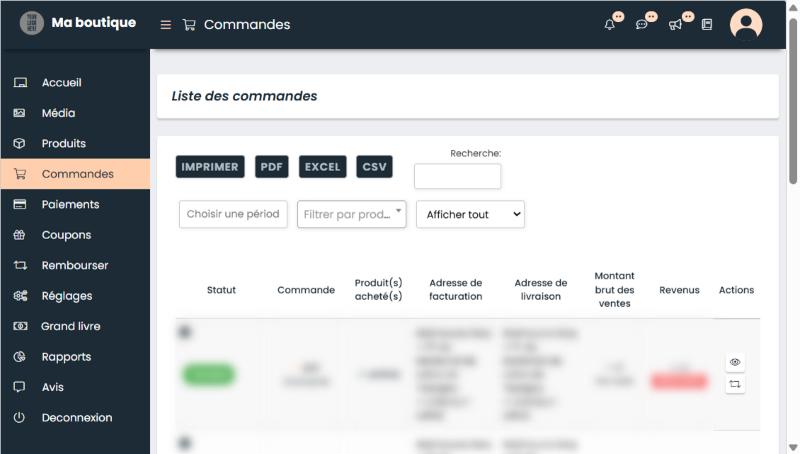 Liste des commandes dans l’espace vendeur Anaaz, avec statut et suivi (données des clients masquées)