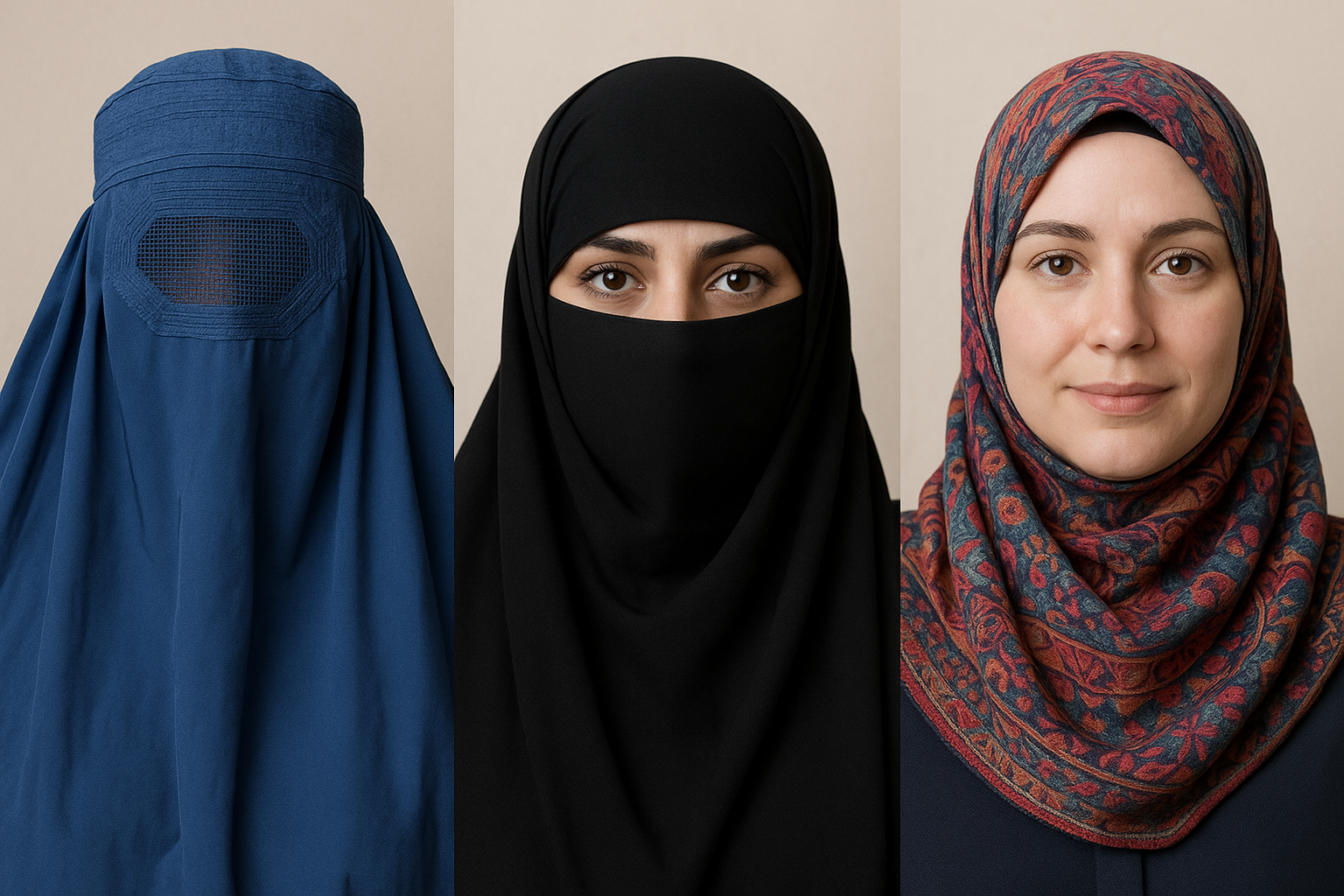 Comparaison visuelle des trois types de voiles islamiques : burqa avec grille, niqab avec yeux visibles, et hijab avec visage découvert
