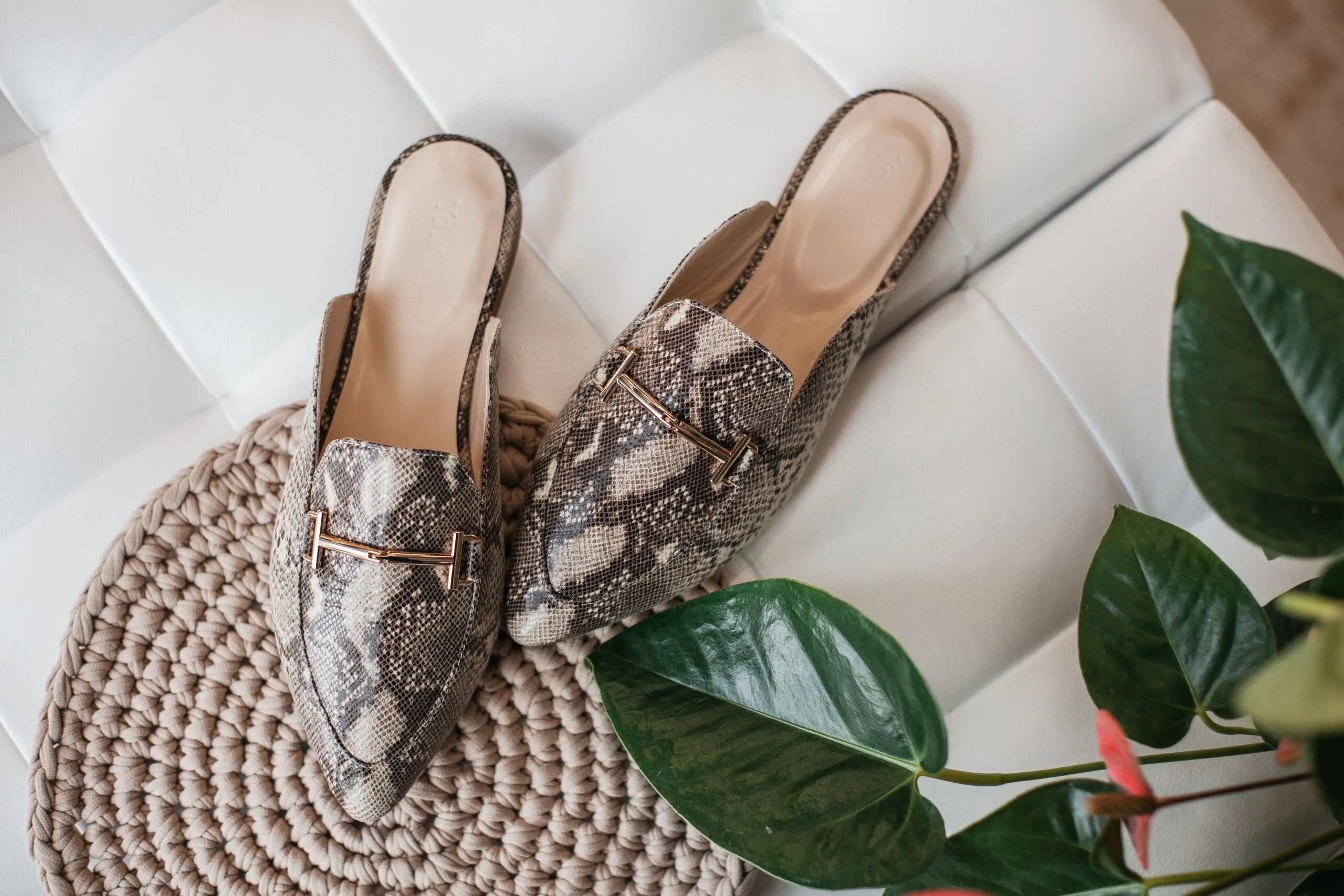 Mules élégantes en cuir avec motif python sur fond beige